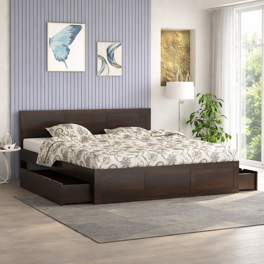 Sheesham Storage Bed | Solid Wood Pullout Storage Bed | Wood Double Bed Cot With 2 Drawers For Bedroom