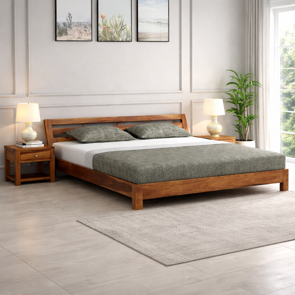 Sheesham Low Height Bed Without Storage | Wood Double Bed | Low Floor/Lying/Rise/Level/ Profile Cot Bed For Bedroom Furniture | Rosewood