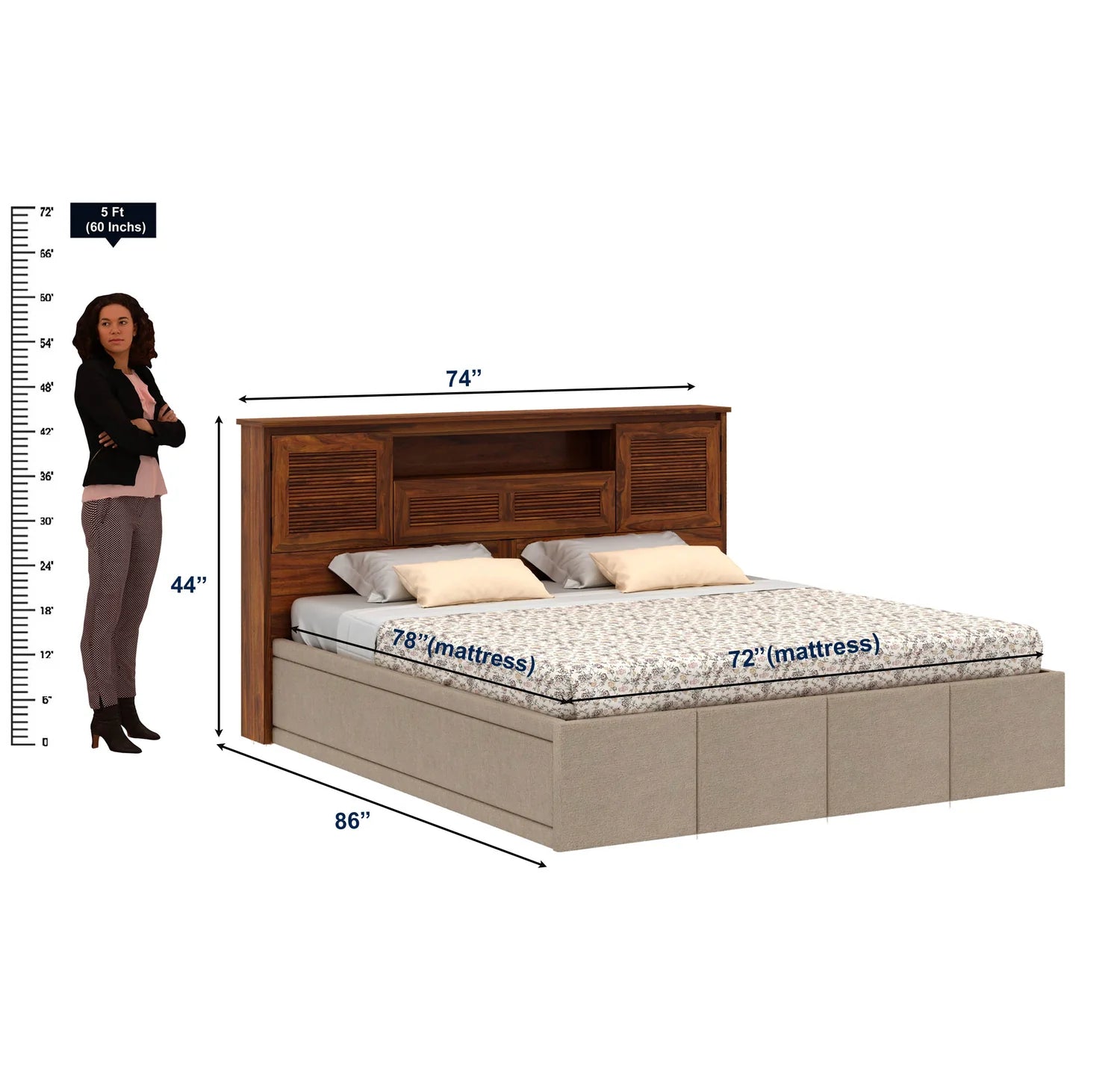 Maharaja Upholstered Bed with Wooden Headboard Storage and Box Storage - 3 Years Warranty