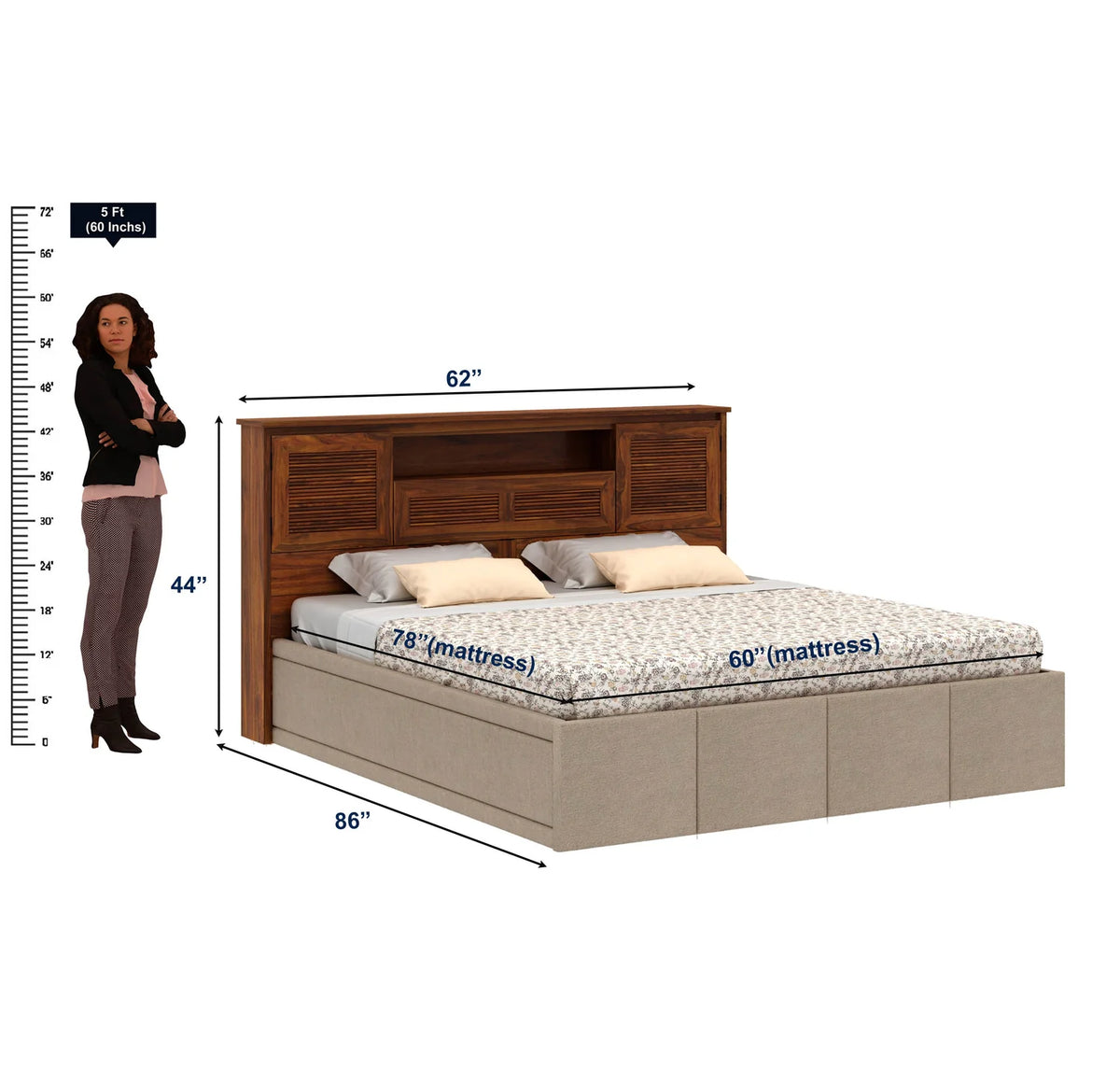 Maharaja Upholstered Bed With Wood Headboard Storage And Box Storage - 3 Years Warranty