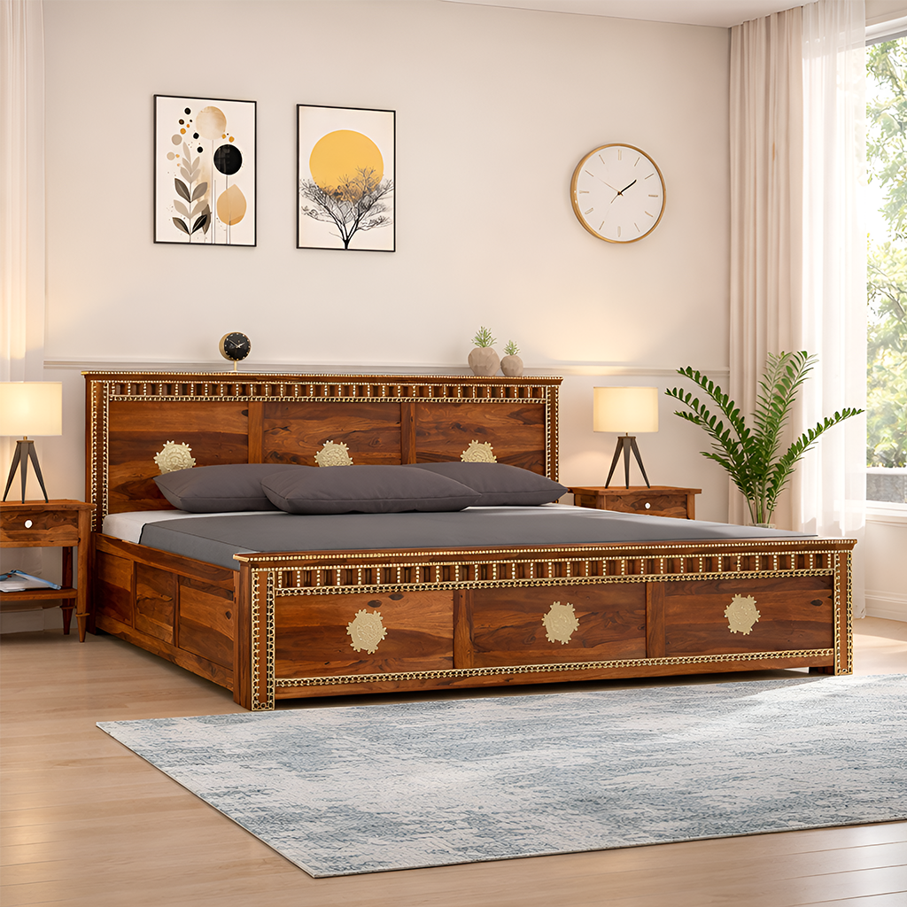 Rj Art Wood Storage Bed | Kuber Design Double Bed Cot Bed With Box Storage And Traditional Brass Work For Bedroom