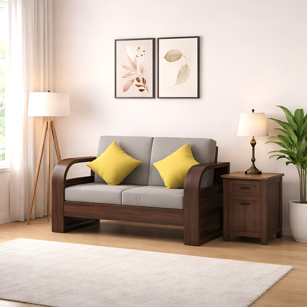 Rjart Crew Sheesham 2 Seater Sofa With Side Pocket - 3 Years Warranty