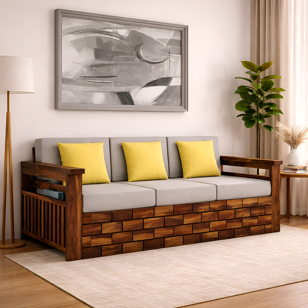 Rjart Italian Sheesham 3 Seater Sofa With Side Pockets - 3 Years Warranty