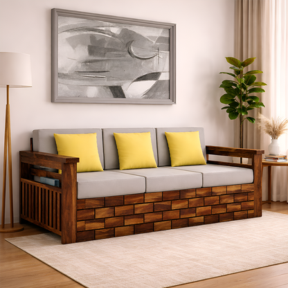 Rjart Italian Sheesham 3 Seater Sofa With Side Pockets - 3 Years Warranty