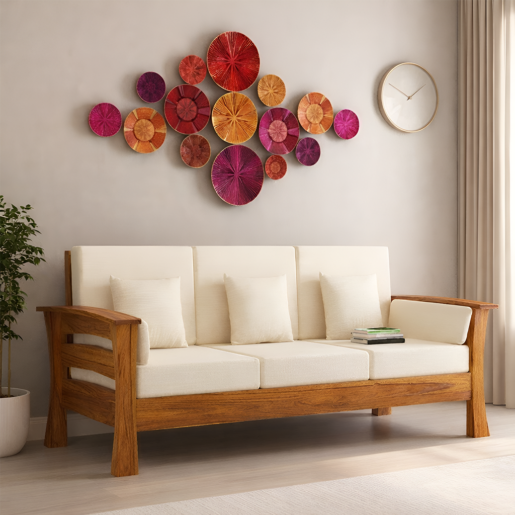 Rjart Nirvana Sheesham 3 Seater Sofa With Side Pockets - 3 Years Warranty