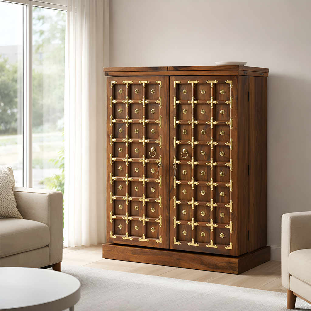 Rjart Sheesham Regular Brass Design Home Bar Cabinet