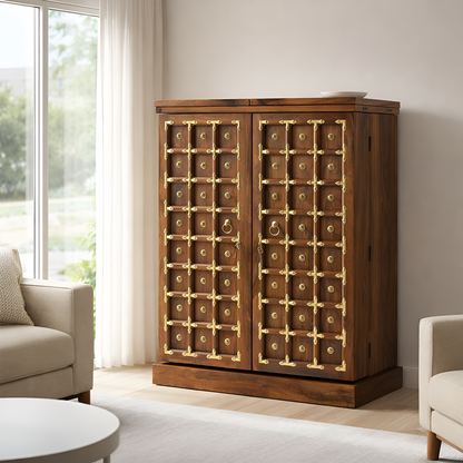 Rjart Sheesham Regular Brass Design Home Bar Cabinet