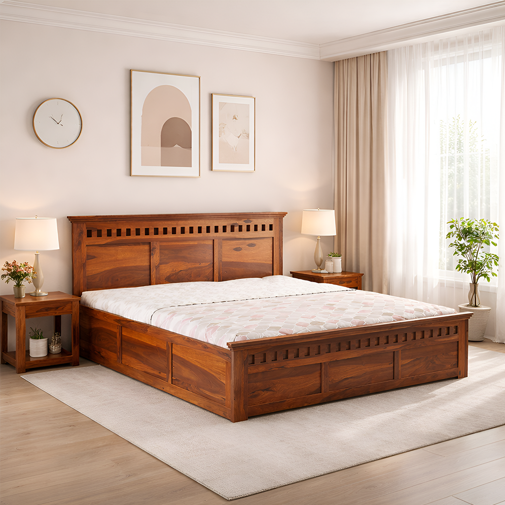 Rjart Wood Storage Bed | Double Bed Cot Bed With Box Storage For Bedroom | Sheesham