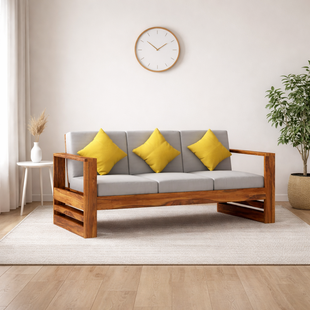 Rjart Lurid Sheesham 3 Seater Sofa With Side Pockets - 3 Years Warranty