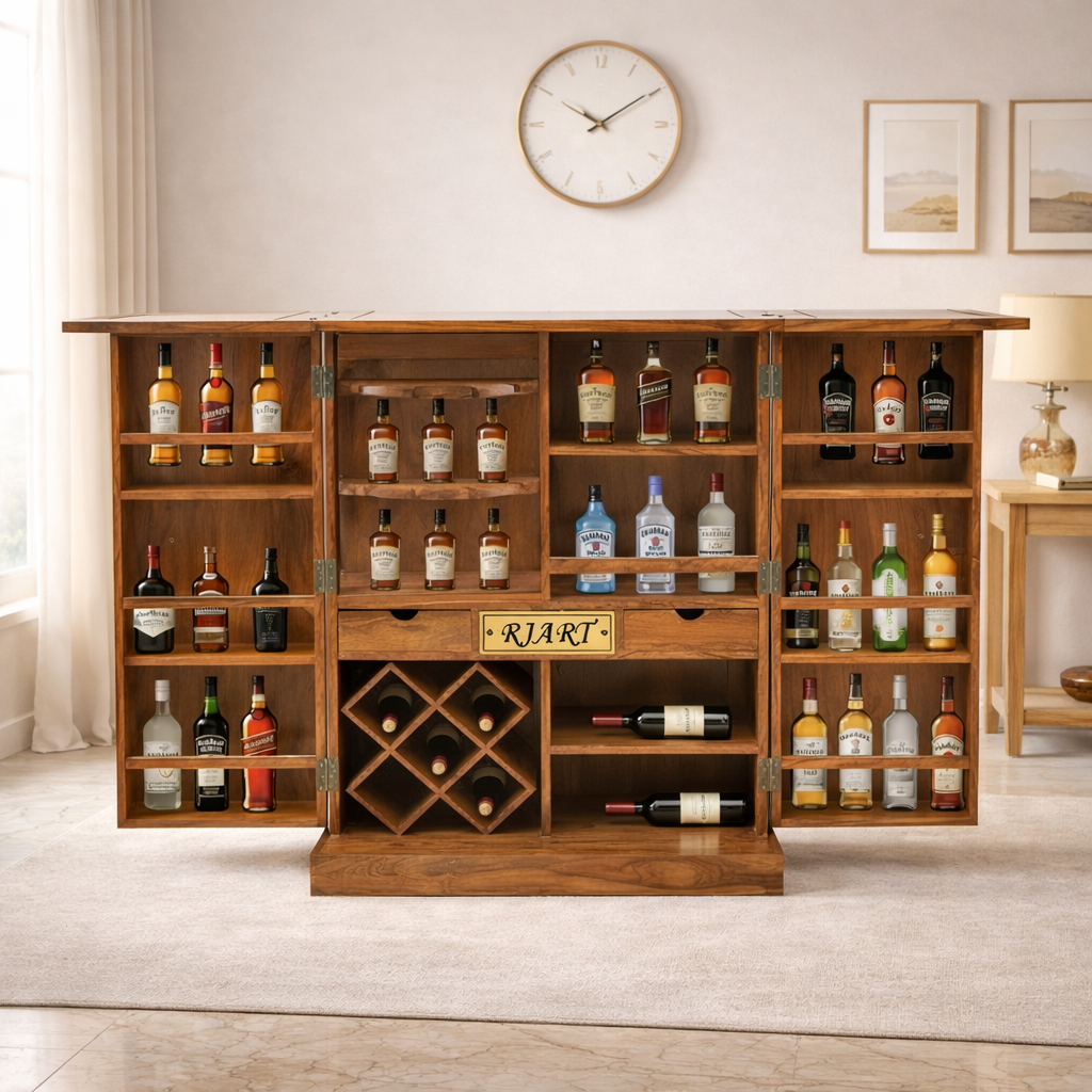 Rjart Sheesham Regular Brass Design Home Bar Cabinet