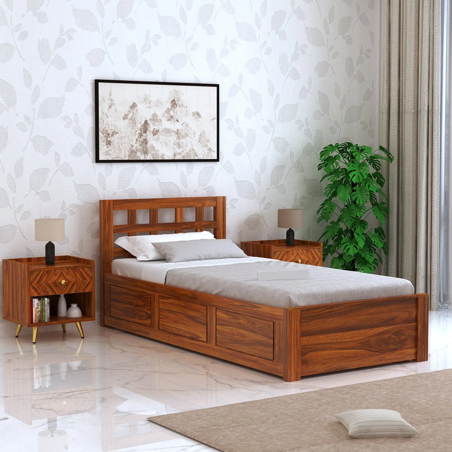 Simons Solid Sheesham Wood Single Bed With Box Storage - 3 Years Warranty