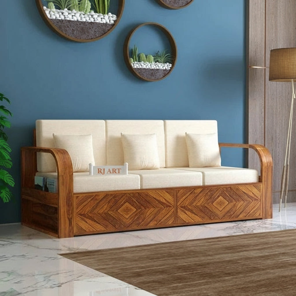 Rjart Wave Sheesham 3 Seater Sofa With Side Pockets - 3 Years Warranty