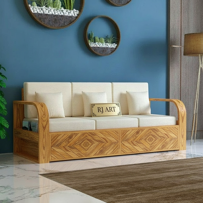 Rjart Wave Sheesham 3 Seater Sofa With Side Pockets - 3 Years Warranty