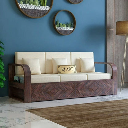Rjart Wave Sheesham 3 Seater Sofa With Side Pockets - 3 Years Warranty