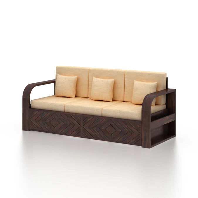 Rjart Wave Sheesham 3 Seater Sofa With Side Pockets - 3 Years Warranty