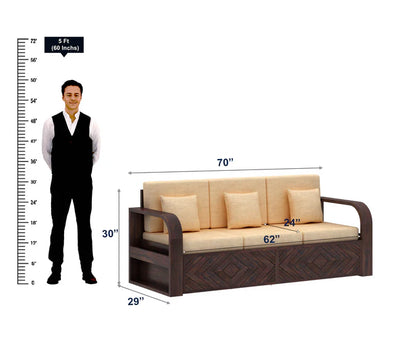 Rjart Wave Sheesham 3 Seater Sofa With Side Pockets - 3 Years Warranty