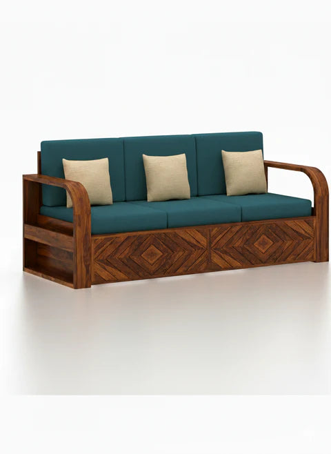 Rjart Wave Sheesham 3 Seater Sofa With Side Pockets - 3 Years Warranty