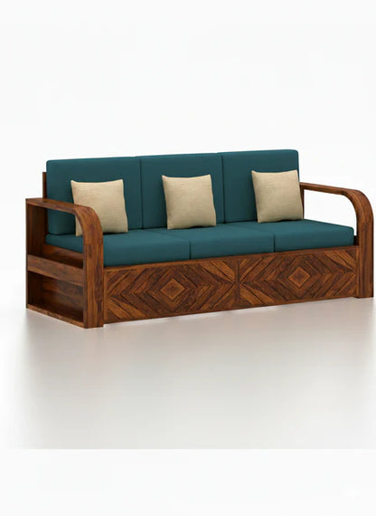 Rjart Wave Sheesham 3 Seater Sofa With Side Pockets - 3 Years Warranty