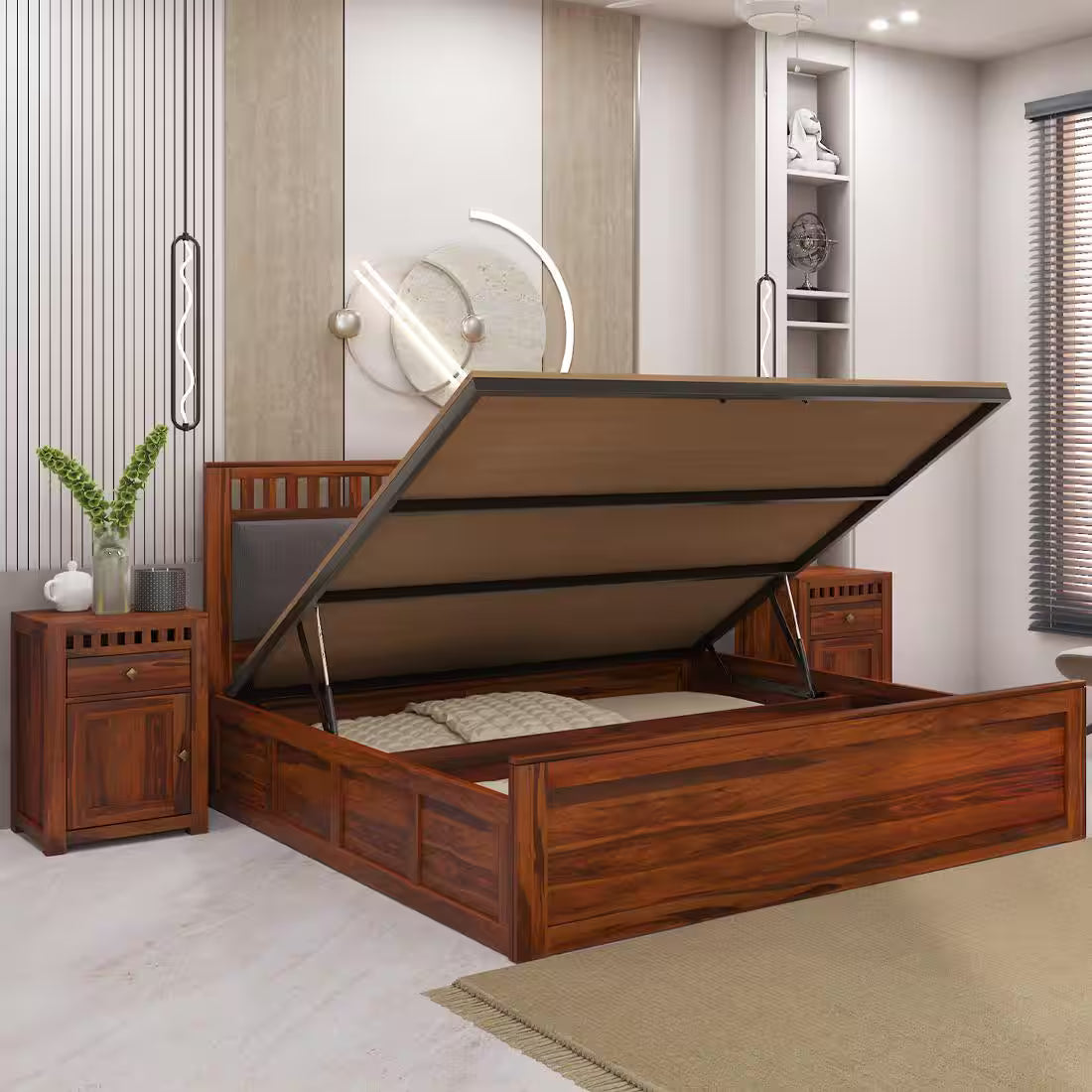 Rjart Sheesham Solid Wood Bed In Hydraulic Storage Bed In Honey Oak Finish