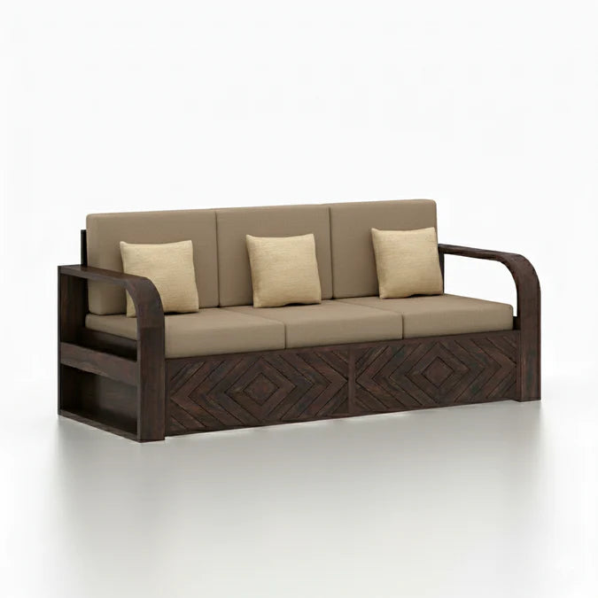 Rjart Wave Sheesham 3 Seater Sofa With Side Pockets - 3 Years Warranty