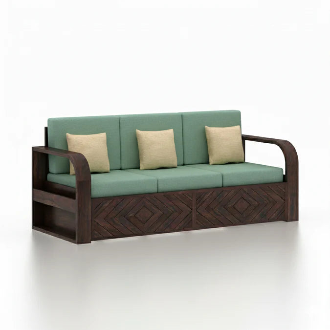 Rjart Wave Sheesham 3 Seater Sofa With Side Pockets - 3 Years Warranty