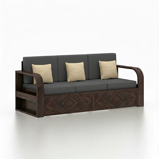 Rjart Wave Sheesham 3 Seater Sofa With Side Pockets - 3 Years Warranty