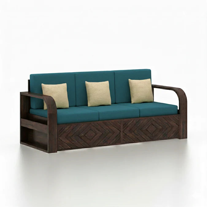 Rjart Wave Sheesham 3 Seater Sofa With Side Pockets - 3 Years Warranty