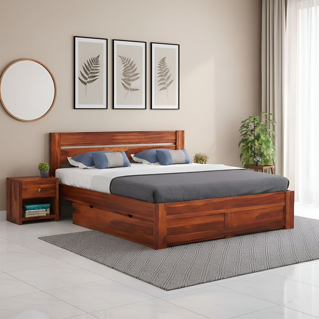 Wood Storage Bed | Double Bed Cot Bed With Drawer Storage For Bedroom | Sheesham