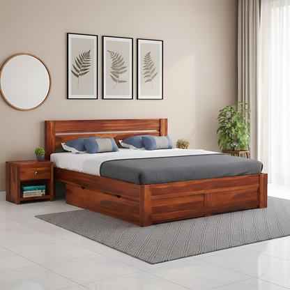 Wood Storage Bed | Double Bed Cot Bed With Drawer Storage For Bedroom | Sheesham