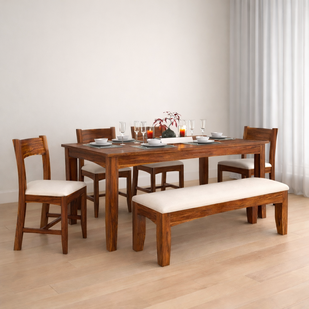 Zylin Sheesham 6 Seater Dining Set With Bench - 3 Years Warranty