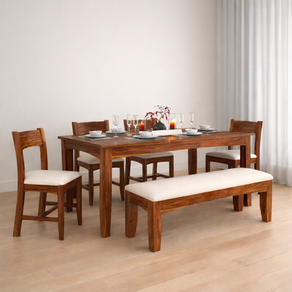 Zylin Sheesham 6 Seater Dining Set With Bench - 3 Years Warranty