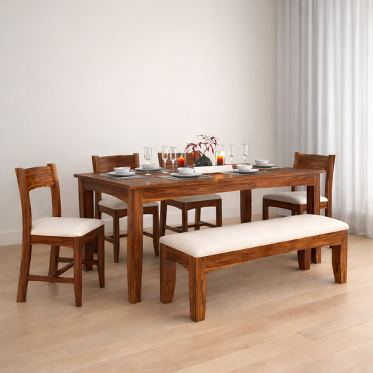 Zylin Sheesham 6 Seater Dining Set With Bench - 3 Years Warranty