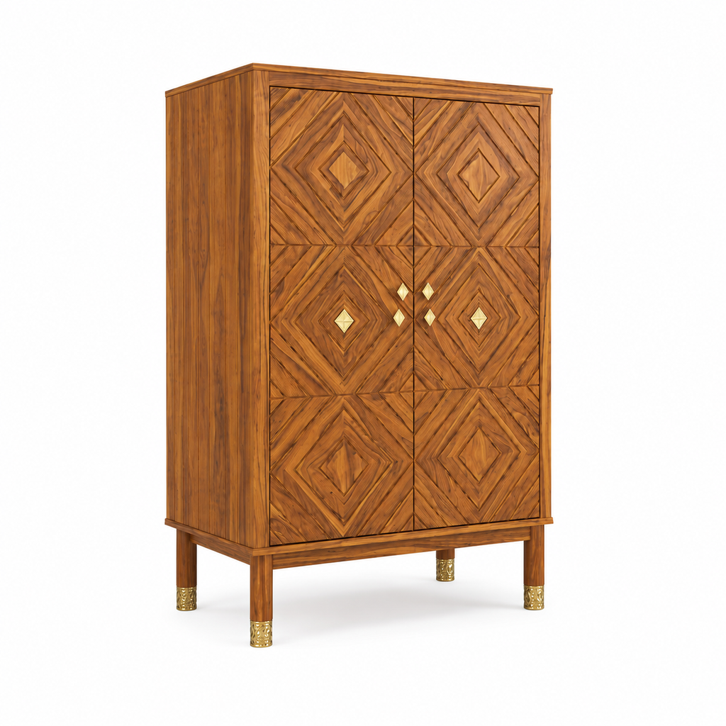Wooden Rattan Bar Cabinet with Double Doors and Interior Storage
