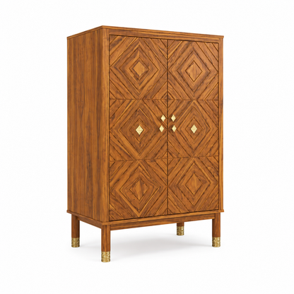 Wooden Rattan Bar Cabinet with Double Doors and Interior Storage
