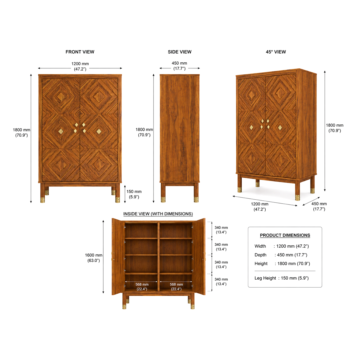 Wooden Rattan Bar Cabinet with Double Doors and Interior Storage
