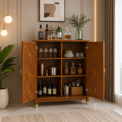 Wooden Rattan Bar Cabinet with Double Doors and Interior Storage
