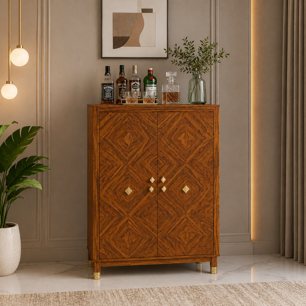 Wooden Rattan Bar Cabinet with Double Doors and Interior Storage
