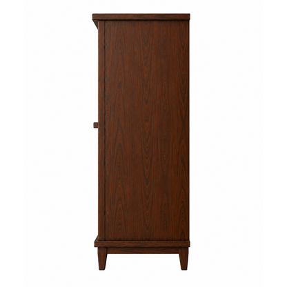 Luxury wooden bar cabinet with LED lighting, wine glass holders, bottle display shelf, and decorative quilted storage doors.