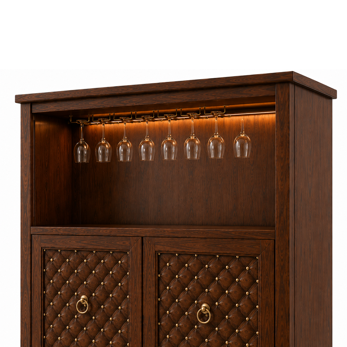 Luxury wooden bar cabinet with LED lighting, wine glass holders, bottle display shelf, and decorative quilted storage doors.
