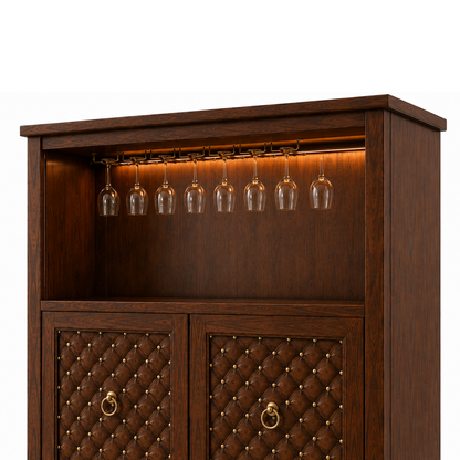 Luxury wooden bar cabinet with LED lighting, wine glass holders, bottle display shelf, and decorative quilted storage doors.
