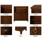 Luxury wooden bar cabinet with LED lighting, wine glass holders, bottle display shelf, and decorative quilted storage doors.