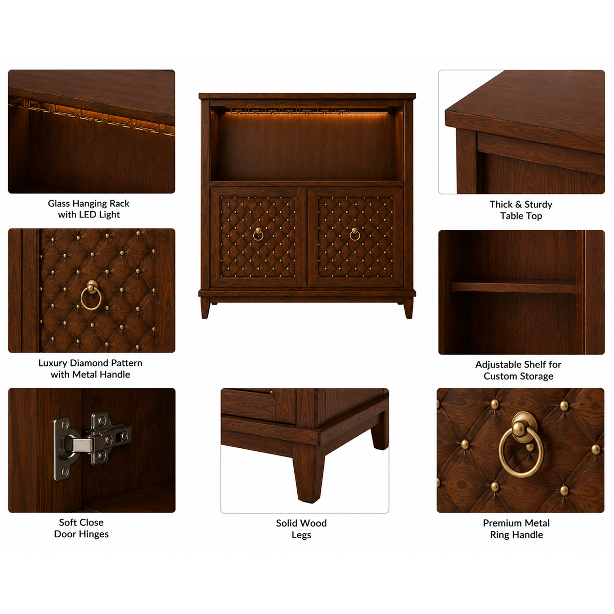 Luxury wooden bar cabinet with LED lighting, wine glass holders, bottle display shelf, and decorative quilted storage doors.