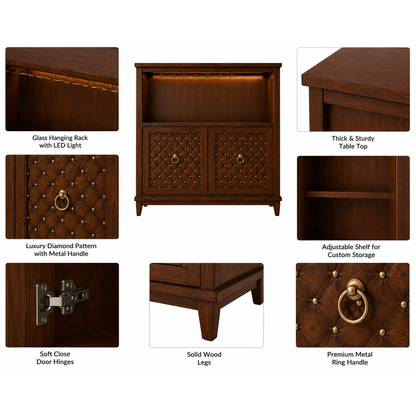 Luxury wooden bar cabinet with LED lighting, wine glass holders, bottle display shelf, and decorative quilted storage doors.
