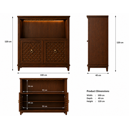 Luxury wooden bar cabinet with LED lighting, wine glass holders, bottle display shelf, and decorative quilted storage doors.