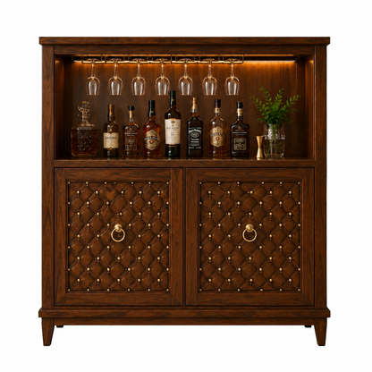 Luxury wooden bar cabinet with LED lighting, wine glass holders, bottle display shelf, and decorative quilted storage doors.