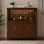Luxury wooden bar cabinet with LED lighting, wine glass holders, bottle display shelf, and decorative quilted storage doors.