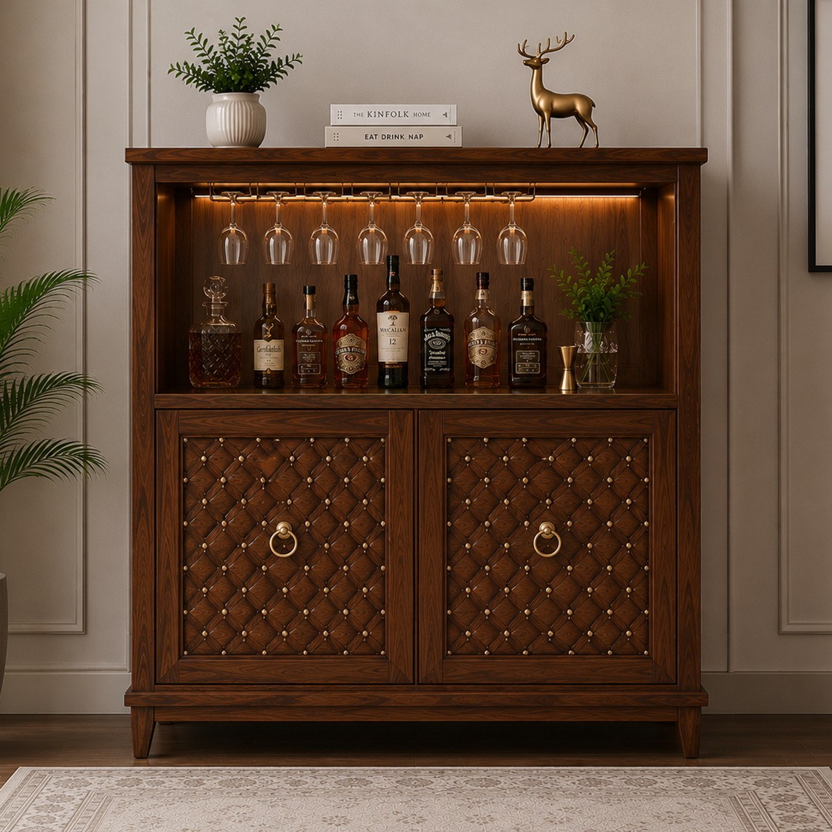 Luxury wooden bar cabinet with LED lighting, wine glass holders, bottle display shelf, and decorative quilted storage doors.