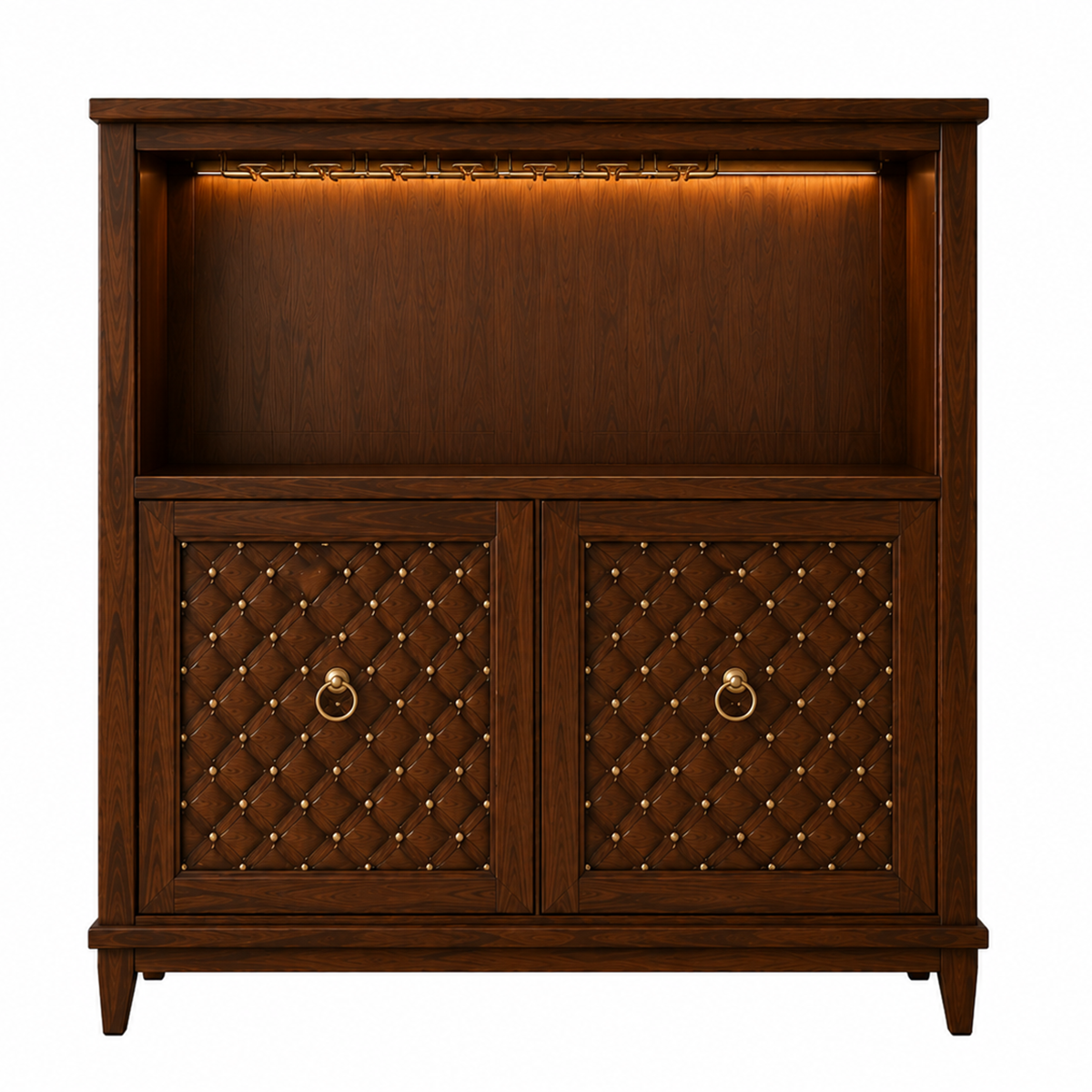 Luxury wooden bar cabinet with LED lighting, wine glass holders, bottle display shelf, and decorative quilted storage doors.