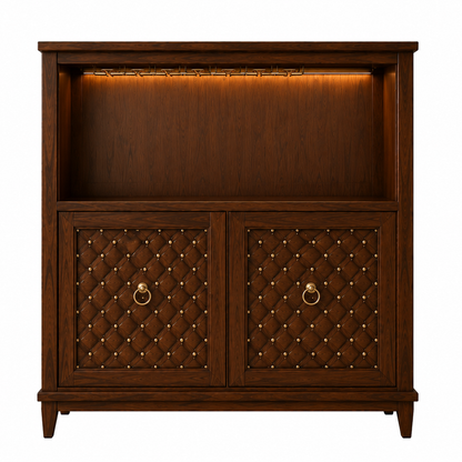 Luxury wooden bar cabinet with LED lighting, wine glass holders, bottle display shelf, and decorative quilted storage doors.