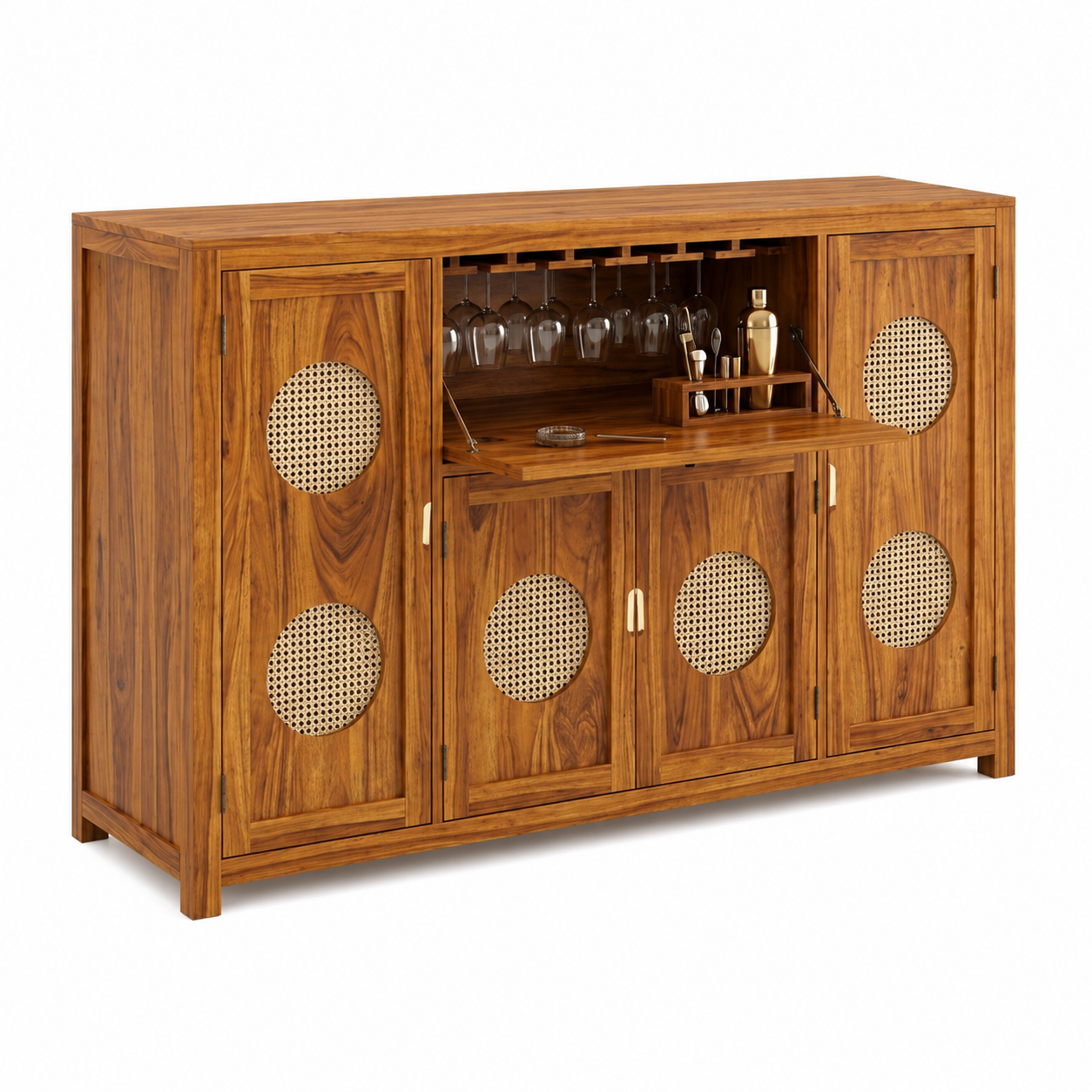 The RJ Art Sheesham Wood Bar Cabinet with Wine Glass Holder, Cane Panel Doors and Storage Compartments